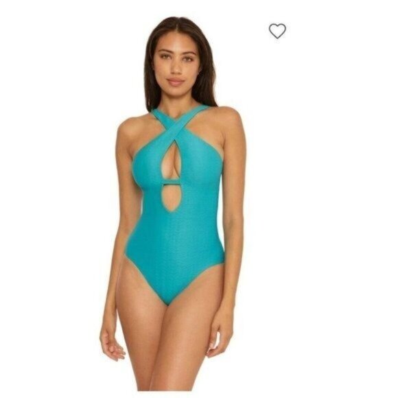 BECCA One-Piece Swimsuit M High Neck Plunge Cut Out Gulf Blue Vibes Tessa - Picture 1 of 8